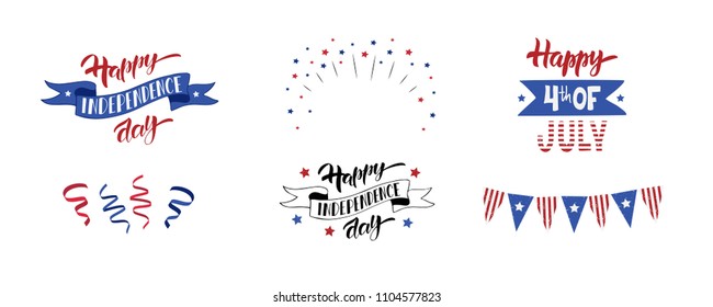 Hand lettering set Happy Independence Day. July 4th typographic design. For greeting cards, banners, invitation, print. Vector Illustration. Isolated on white background.