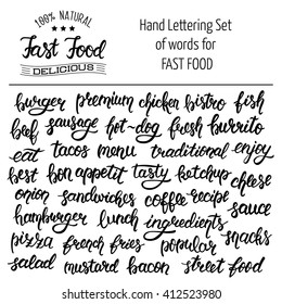 Hand Lettering Set Of Words For Fast Food. Vector Illustration