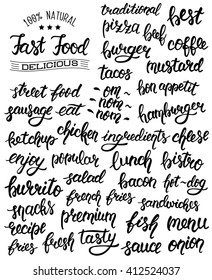 Hand lettering set of words for fast food with logotype. Vector illustration
