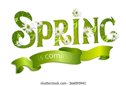 Hand lettering spring comes with white flowers and young leaves on a white background