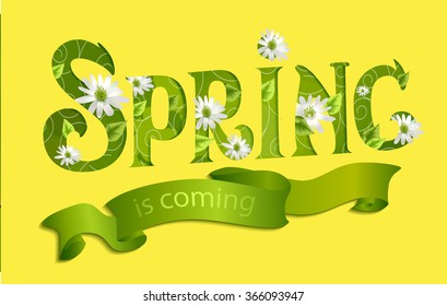 Hand lettering spring comes with white flowers and young leaves on a yellow background