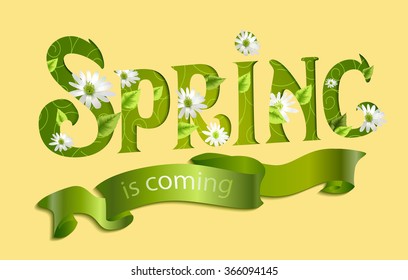Hand lettering spring comes with white flowers and young leaves on a yellow background