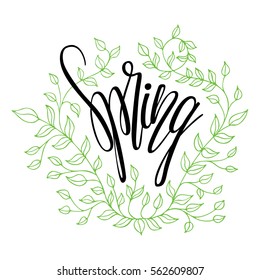 Hand lettering spring with green branches