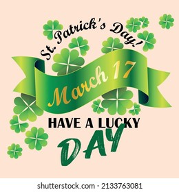 Hand lettering St. Patrick's Day greeting card with shapes and branches of clover vector