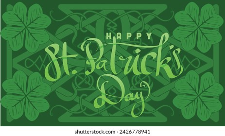 hand lettering st patricks day with green abstract cletic knot root vector illustration 