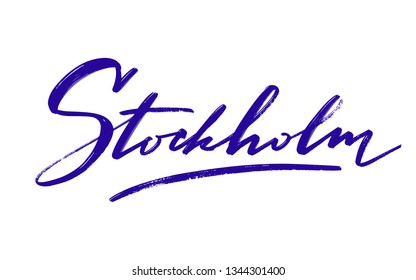 Hand lettering Stockholm - name of city. Logo with abstract background