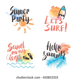 Hand lettering summer set. Hello Summer. Let's surf. Party. Vector illustration. Greeting card