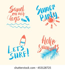 Hand lettering summer set. Hello Summer. Let's surf. Party. Vector illustration. Greeting card