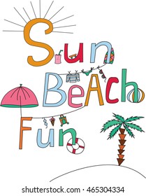 Hand lettering sun beach fun summer colorful sketch drawing