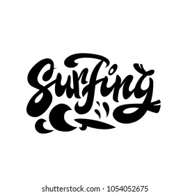 Hand lettering "Surfing" with surfboard illustration