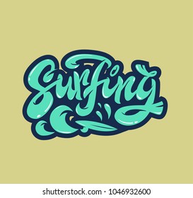 Hand lettering "Surfing" with waves and surfboard illustration, logo, print, vector handwriting, symbol, emblem