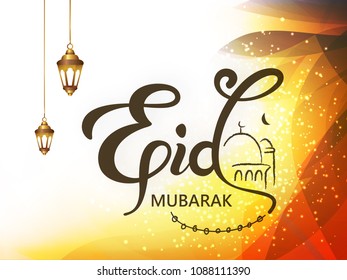 Hand Lettering Text ”Eid Mubarak”, Abstract Background.