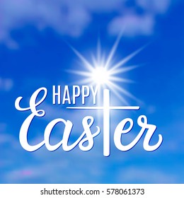 Hand lettering text 'Happy Easter'on blurred background. Vector illustration