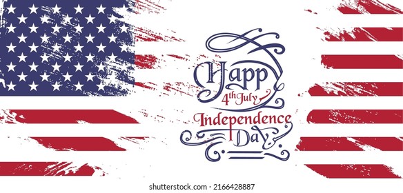 hand lettering text Happy Independence Day. 4th of July greeting card with brush stroke background in United States national flag colors