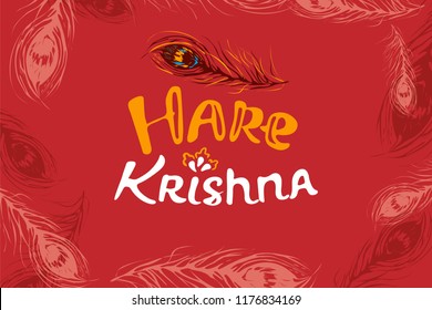 Hand Lettering Text Hare Krishna on Decorative Background witn peacock feather. for Hindu Festival Janmashtami