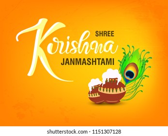 Hand Lettering Text ”Shree Krishna Janmashtami” on Traditional Background.