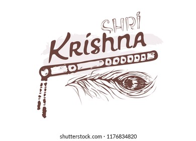 Hand Lettering Text "Shree Krishna " on white Background for Hindu Festival Janmashtami. Flute, peacock feather.