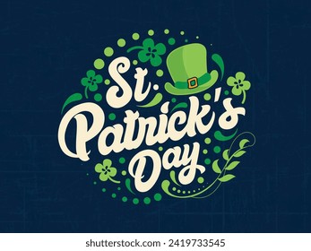 Hand lettering text "St. Patrick's Day" with clover shapes and floral elements on an elegant background. 17th March. Vector Illustration.