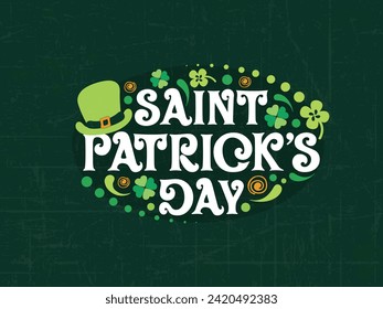 Hand lettering text "St. Patrick's Day" with clover shapes and floral elements on an elegant background. 17th March. Vector Illustration.