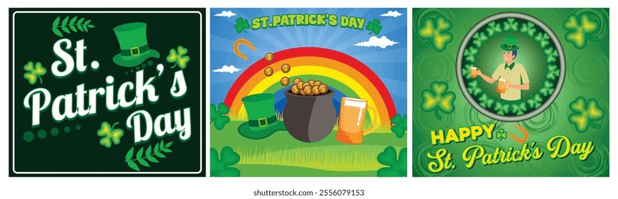 Hand Lettering Text St. Patrick's Day. Rainbow and Pot of Gold. Cheerful Leprechaun. Spring holiday March 17. Set flat vector modern illustration 