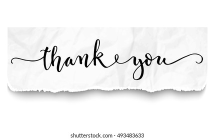 Hand lettering thank you inscription on crumpled piece of paper background. Vector illustration. Can be used for card design.