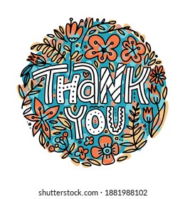 Hand lettering thank you lettering sticker or design element on white background - doodle vector illustration