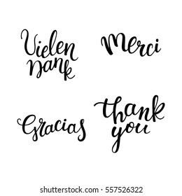 Hand lettering thanks in different languages: German, French, English, Spanish.