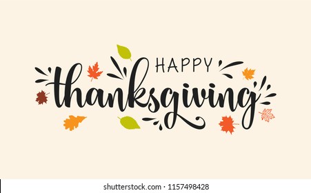 Hand Lettering Thanksgiving Greetings Text, Happy Thanksgiving Day, With Leaves summer