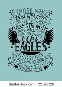 Hand lettering Trust in the Lord will find new strength. Biblical background. Christian poster. Isaiah. Like eagles