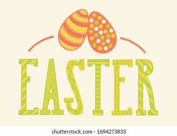 Hand lettering typography Easter with decorated eggs as logotype, badge or postcard, card, invitation, flyer, banner template. Hand sketched. Season's Greetings. 