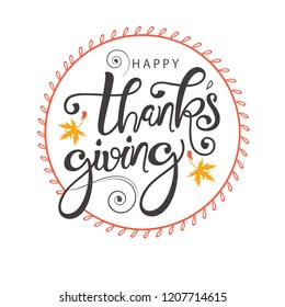 ”Happy Thanksgiving” Hand Lettering Typography with Floral Frame.