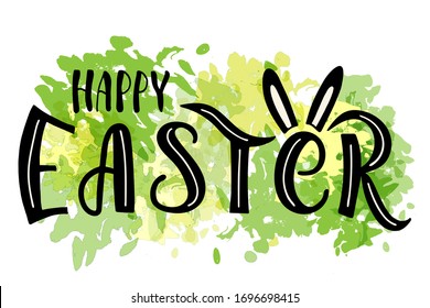 Tipografía con letras de mano Feliz texto de Pascua sobre salpicaduras de color claro como logotipo, insignia o postal, tarjeta, invitación, volante, plantilla de banner. Esbozo manual. Saludos de temporada. 