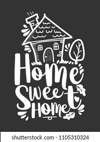 Hand lettering typography poster, calligraphic quote "Home sweet home" for housewarming posters, greeting cards, and home decorations

