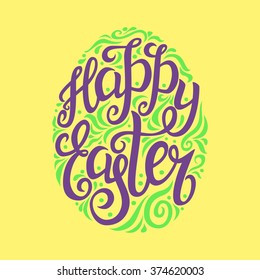 Hand lettering typography poster.Happy Easter script in a form of Easter egg. For posters, greeting cards, t shirt design, home decorations. Vector illustration