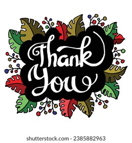 Hand lettering typography of thank you sign in floral doodle illustration background vector