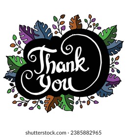 Hand lettering typography of thank you sign in floral doodle illustration background vector