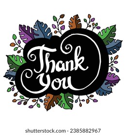 Hand lettering typography of thank you sign in floral doodle illustration background vector