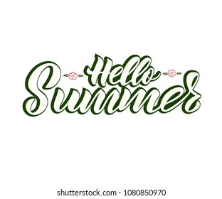 Hand lettering vector Hello Summer isolated. White color.Modern calligraphy. Template of logotype, label, icon, tag,  banner, print. Inscription for packing product, for journal, flyer.