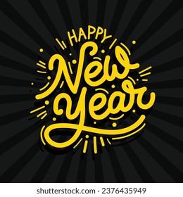 Hand lettering vector illustration of happy New year. New year banner, poster, greeting card template. Yellow color Happy new year typography, lettering, calligraphy, text on black retro background. 