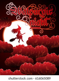 Hand lettering Walpurgis Night on moon background. Template for greeting card, poster, banner. Gothic calligraphy, cloud engraving. 
