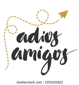 Hand lettering with word  Adios amigos. Spain symbols and illustrations. Text in spanish for postcard, invitation, T-shirt ,typography, print design, banner, poster, web, icon. Vector illustration