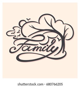 Hand lettering - word Family with stylized Tree drawing