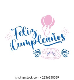 Hand lettering with word Feliz Compleanos Happy Birthday.Spain symbols and illustrations.Spain hand drawn elements.Text in spanish for postcard,invitation,T-shirt,typography,print design,banner,poster