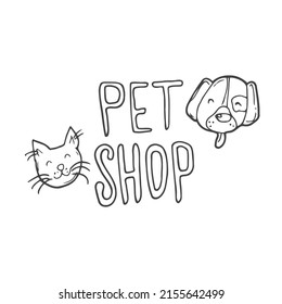 Hand lettering of the word Pet Shop isolated on white background. Simple vector illstration in doodle cartoon style