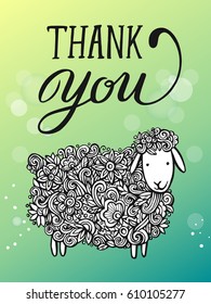 Hand lettering words " thank you" And a lovely spring Openwork lamb in flowers. card with cute lettering. Vector isolated illustration. Sweet Sheep