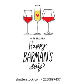 Hand Lettering World Bartender Day, wine, cocktails and wineglasses illustration.