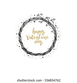 Hand lettering in wreath with decoration elements. Valentines Day vector greeting card. Black, gold and white colors for coloring book. Template for your design.