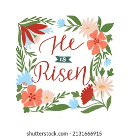 Hand lettering wth Bible verse He is risen. Biblical background. Christian poster. Testament. Scripture print. Card. Modern calligraphy. Motivational quote. Celebrate Easter