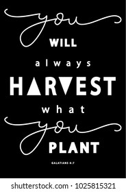 Hand lettering You Will Always Harvest What You Plant on Black background. Bible quote. Modern calligraphy. Motivational inspirational quote.