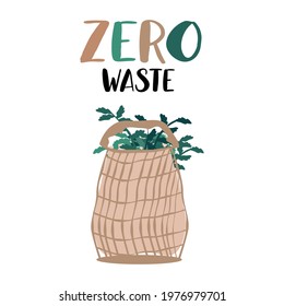 Hand lettering zero waste and eco reusable shopping bag with supermarket groceries. 